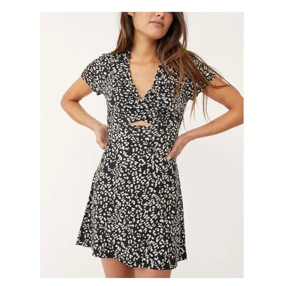 Free People Dresses & Skirts - Free People Marsaille Black Animal Print Short Sleeve Cutout Mini Dress Sz M